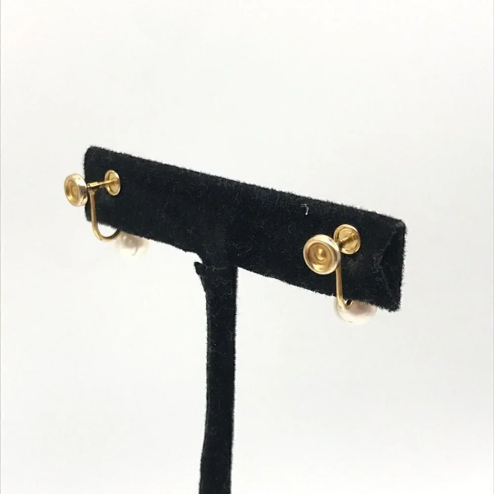 14K Yellow Gold Vintage Pearl Screw Back Dangle Drop Earrings